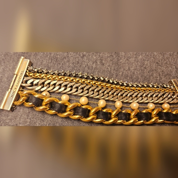 Juicy Couture Gold Multiple Bangle Bracelet Multi Strand Pearl Pave Black Ribbon - Picture 10 of 13